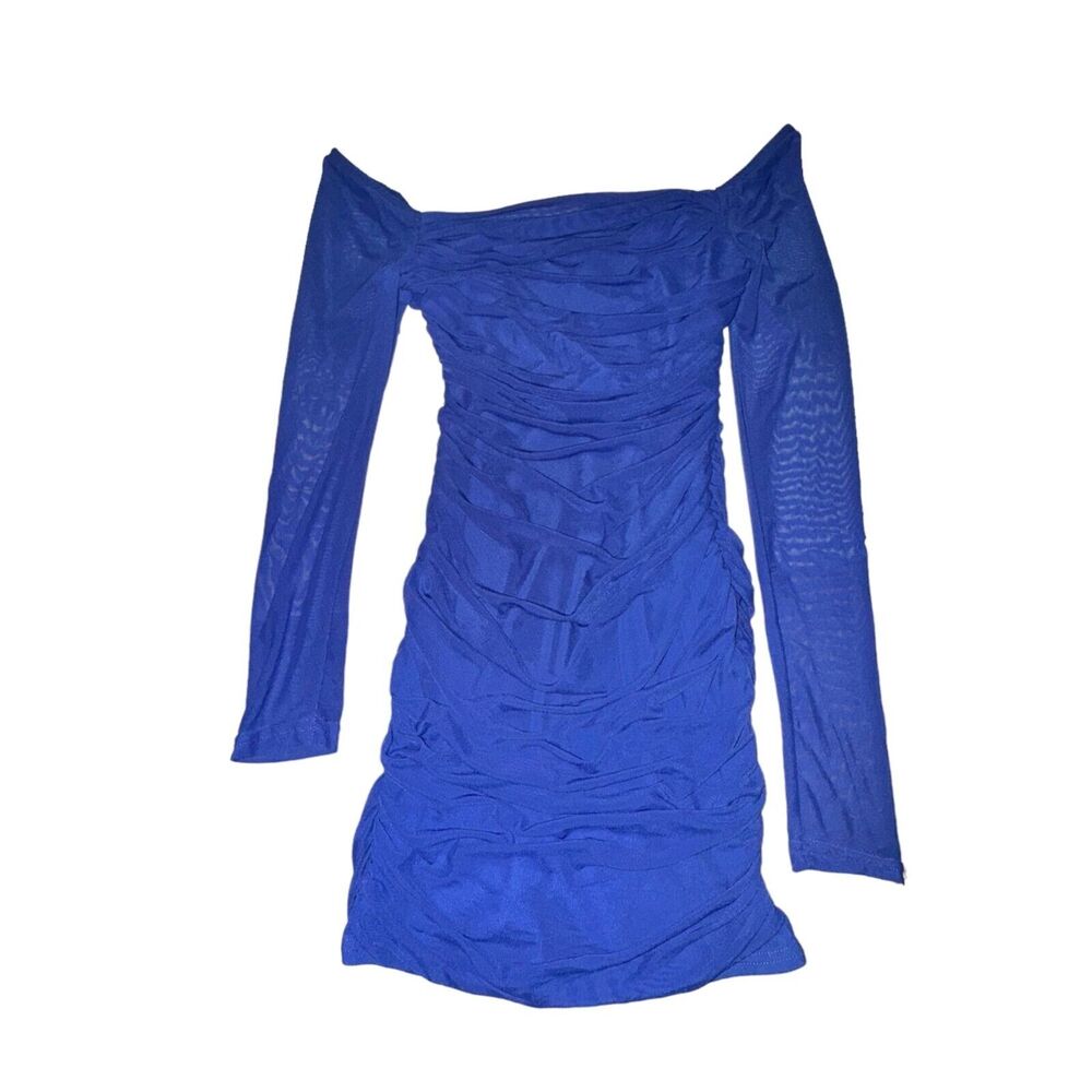 Akira Come My Way Long Sleeve Mesh Mini Dress Size S Blue Ruched Cross Strap NWT